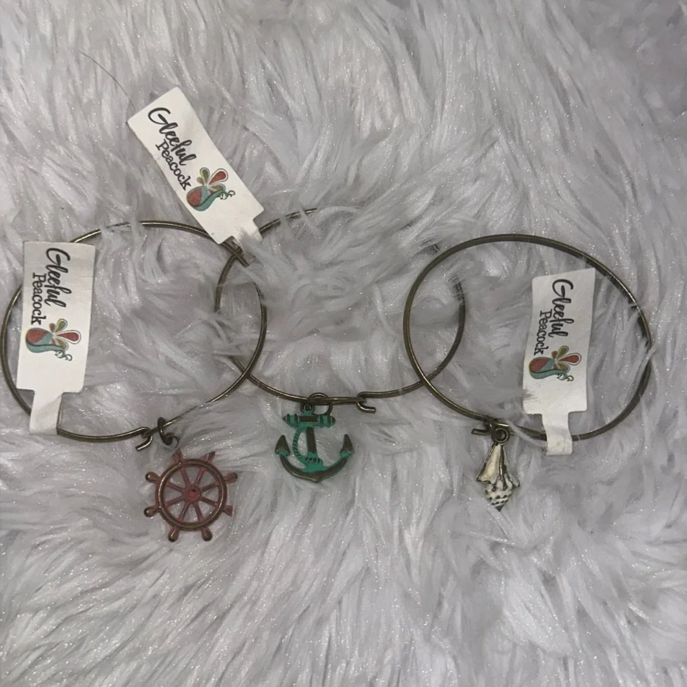 Hand Painted Charm Bracelet Anchor Ship Wheel The Helm Sea Shell Nautical‎ NWT